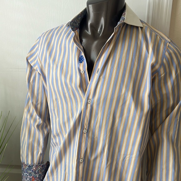 #56. Robert Graham Blue & Yellow Striped Dress Shirt • 16 1/2 - Picture 2 of 16